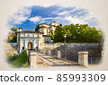 Watercolor drawing of Road to Arch Gate over moat of Castello or Castle of Brescia or Falcon of Italy on Cidneo Hill with green park in historical city 85993309