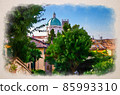 Watercolor drawing of Dome of Santa Maria Assunta New Cathedral, Duomo Nuovo Roman Catholic church, tiled roofs of old buildings 85993310