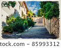 Watercolor drawing of Cobblestone staircase with stairs, green trees, bushes and flowers, street lights between stone walls in Brescia city 85993312