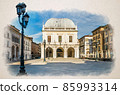 Watercolor drawing of Palazzo della Loggia palace Town Hall Renaissance style building and street lights in Piazza della Loggia Square, Brescia city 85993314