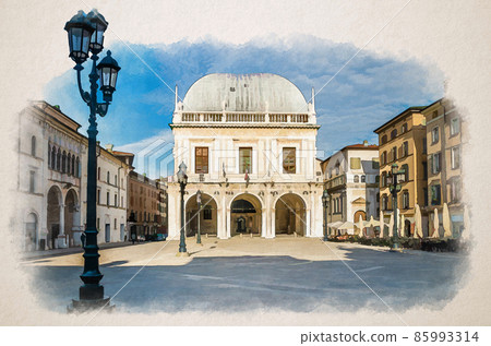 Watercolor drawing of Palazzo della Loggia palace Town Hall Renaissance style building and street lights in Piazza della Loggia Square, Brescia city 85993314