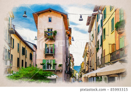 Watercolor drawing of Traditional colorful building with balconies, shutter windows and multicolored walls in typical italian street, Brescia city Watercolor drawing of Traditional colorful building with balconies, shutter windows and multicolored walls in typical italian street, Brescia city 85993315