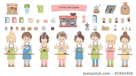 Asian style cartoon icons for coffee shop and cafe. Barista characters, waiters boys and girls and clip art set of coffee beans, machine, maker, vegan drink, cream, filter and geyser. Breakfast set. Asian style cartoon icons for coffee shop and cafe. Barista characters, waiters boys and girls and clip art set of coffee beans, machine, maker, vegan drink, cream, filter and geyser. Breakfast set. 85993409