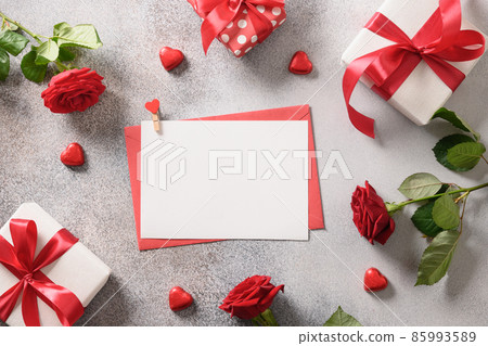 Valentine card with coffee, cookies, gift, roses and love letter. 85993589
