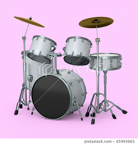 Set of realistic drums with metal cymbals on pink background. 3d render concept of musical percussion instrument, drum machine and drumset Set of realistic drums with metal cymbals on pink background. 3d render concept of musical percussion instrument, drum machine and drumset 85993663