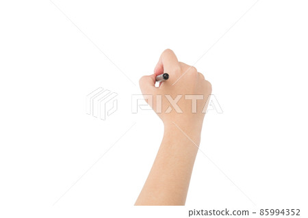 Woman hand is ready for writing with marker. Isolated on white background Woman hand is ready for writing with marker. Isolated on white background 85994352