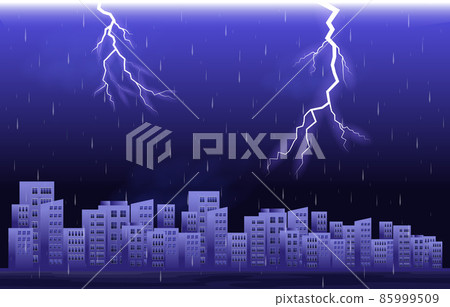 Thunder Storm Lightning Rainy Night City Building Skyline Cityscape Illustration 85999509