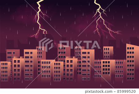 Thunder Storm Lightning Rainy Weather City Building Skyline Cityscape Illustration Thunder Storm Lightning Rainy Weather City Building Skyline Cityscape Illustration 85999520