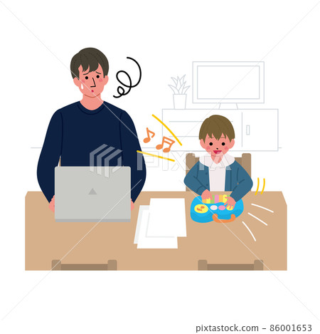 Illustrations of men and children working from home 86001653