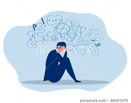 businessman suffers from obsessive thoughts; headache; unresolved issues; psychological trauma; depression.Mental stress panic mind disorder illustration Flat vector illustration. 86001970