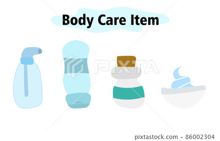 A set of items for the bathroom. Dispenser and shampoo, shaving foam and a bottle for cosmetics. Body care. Vector illustration in color design on a white background. A set of items for the bathroom. Dispenser and shampoo, shaving foam and a bottle for cosmetics. Body care. Vector illustration in color design on a white background. 86002304
