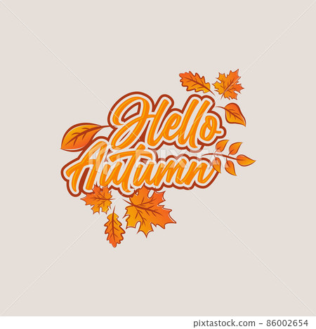 Vector illustration: Handwritten lettering of Hello Autumn on hand drawn leaves background. Vector illustration: Handwritten lettering of Hello Autumn on hand drawn leaves background. 86002654