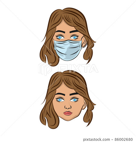 woman on white isolated backdrop. woman in mask for social banner, hygiene promotion, medical poster. Social network logo or cloth print. Flat style stock vector illustration. 86002680