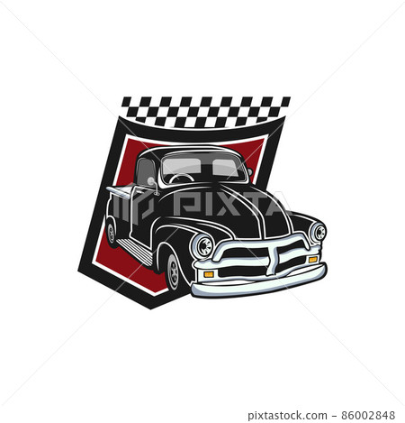 Retro car repair garage sign with retro style truck. Custom restoration shop. Truck illustration of classic retro style truck. Isolated on grey. Retro car repair garage sign with retro style truck. Custom restoration shop. Truck illustration of classic retro style truck. Isolated on grey. 86002848