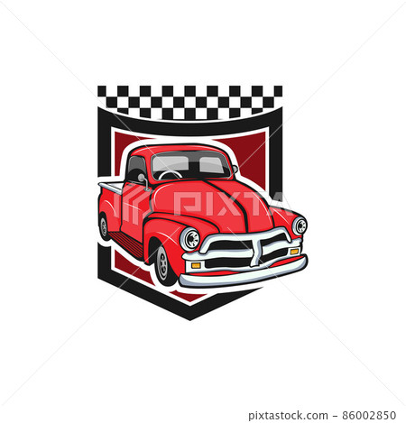 Retro car repair garage sign with retro style truck. Custom restoration shop. Truck illustration of classic retro style truck. Isolated on grey. Retro car repair garage sign with retro style truck. Custom restoration shop. Truck illustration of classic retro style truck. Isolated on grey. 86002850