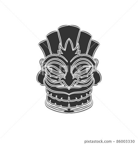 Tiki traditional hawaiian tribal mask with human face with outline. Wooden totem symbol, god from ancient culture of Hawaii. Hand drawn in cartoon style, isolated on white background. EPS10 vector. 86003330