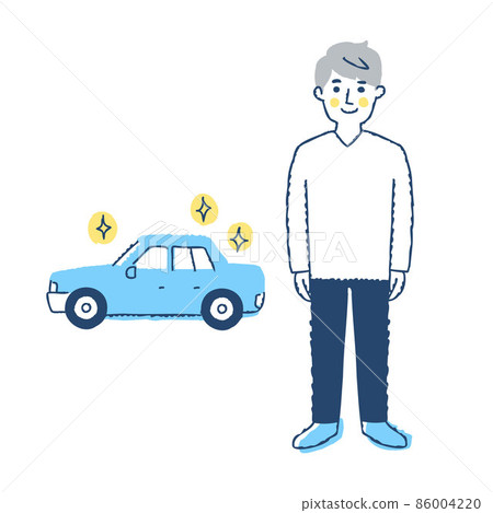 一個年輕人站在一輛閃亮的汽車前 86004220