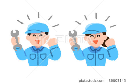 男人和女人穿著工作服（手繪顏色），膽子大，手裡拿著工具擺姿勢 86005143