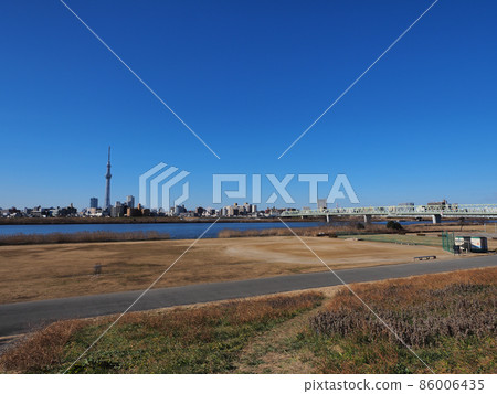 Tokyo famous place from Arakawa riverbed Tokyo famous place from Arakawa riverbed 86006435