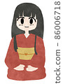Illustration of a long-haired black-haired woman sitting upright in a red kimono 86006718