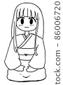 Line art illustration of a long-haired woman wearing a kimono and sitting upright 86006720