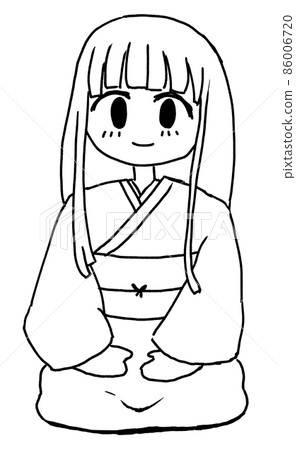 Line art illustration of a long-haired woman wearing a kimono and sitting upright 86006720