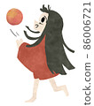 Illustration of a long-haired black-haired woman in a red kimono playing with a Temari 86006721