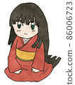 Illustration of a long-haired black-haired woman sitting upright in a red kimono 86006723