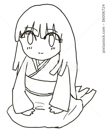 Line art illustration of a long-haired woman wearing a kimono and sitting upright 86006724