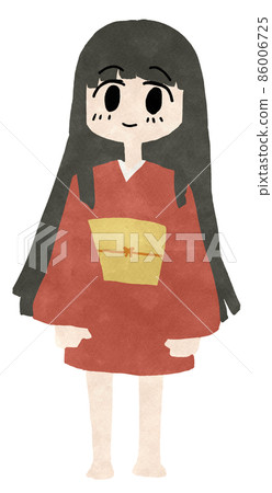 Full-body illustration of a long-haired black-haired woman in a red kimono 86006725
