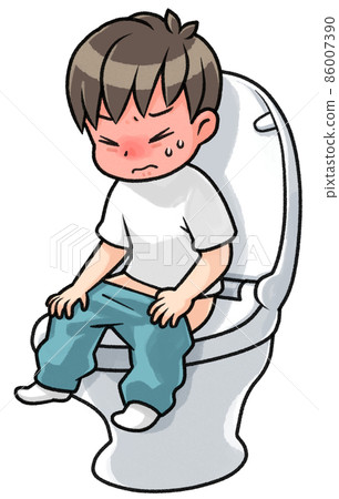 A boy sitting on a Western-style toilet seat and breathing 86007390