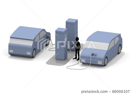 Electric car and charger. EV car and charging stand being charged. Use the charging spot installed on the road. Electric car and charger. EV car and charging stand being charged. Use the charging spot installed on the road. 86008107