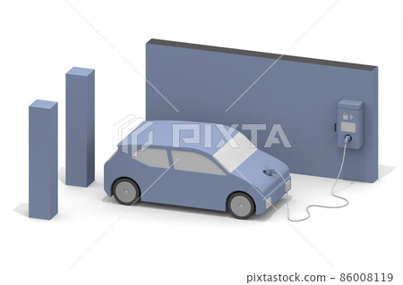 Electric car and charger. EV car and charging stand being charged. Use the charging spot installed on the road. 86008119