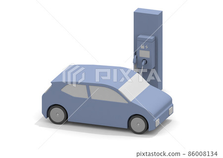 Electric car and charger. EV car and charging stand being charged. Use the charging spot installed on the road. 86008134