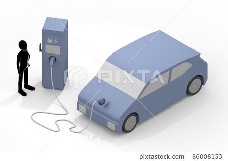 Electric car and charger. EV car and charging stand being charged. Use the charging spot installed on the road. Electric car and charger. EV car and charging stand being charged. Use the charging spot installed on the road. 86008153