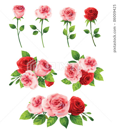 Pink rose flower set for valentines day in watercolor style. 86009425