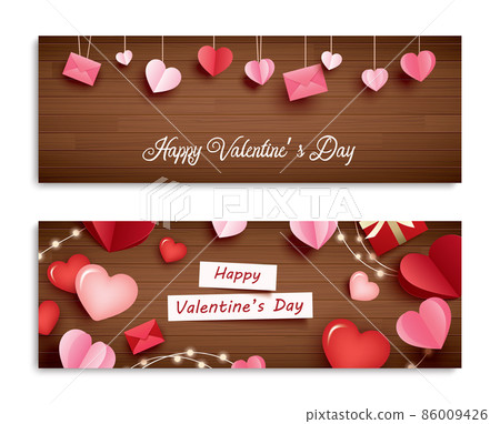 Valentine's day banner with heart on wooden background and typography of happy valentine's day text. 86009426