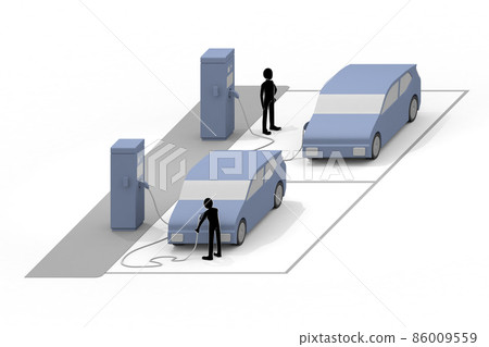 電動車和充電器。正在為電動汽車和充電座充電。使用安裝在道路上的充電點。 86009559
