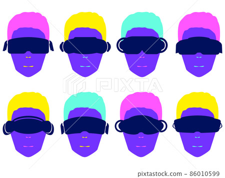 Heads in virtual reality glasses set isolated on white background. Human face in VR headset in pop art style. Virtual reality glasses for access to the cyberspace of the metaverse. Vector illustration 86010599