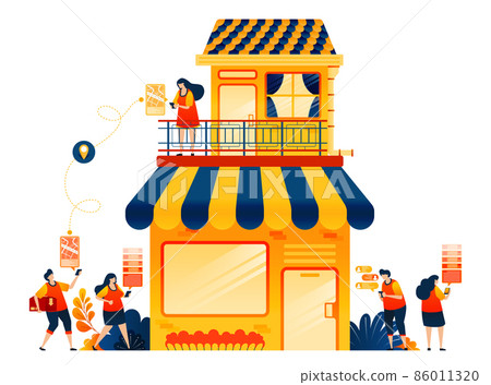 Selling online with e-commerce delivery service. Shophouse with apartment. Vector illustration concept can be use for, landing page, template, ui ux, web, mobile app, poster, banner, website, flyer Selling online with e-commerce delivery service. Shophouse with apartment. Vector illustration concept can be use for, landing page, template, ui ux, web, mobile app, poster, banner, website, flyer 86011320
