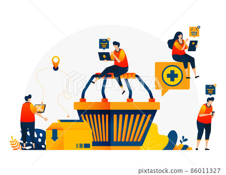 Illustration of shopping cart with people around who want to shop. E-commerce with delivery and cardboarding services. Vector design template for Landing page, web, websites, site, banner, flyer Illustration of shopping cart with people around who want to shop. E-commerce with delivery and cardboarding services. Vector design template for Landing page, web, websites, site, banner, flyer 86011327