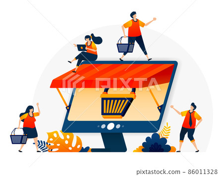 illustration of e-commerce online with a shopping cart metaphor and monitor with a roof. Wholesale and retail online stores. Vector design template for landing page, web, websites, site, banner, flyer illustration of e-commerce online with a shopping cart metaphor and monitor with a roof. Wholesale and retail online stores. Vector design template for landing page, web, websites, site, banner, flyer 86011328