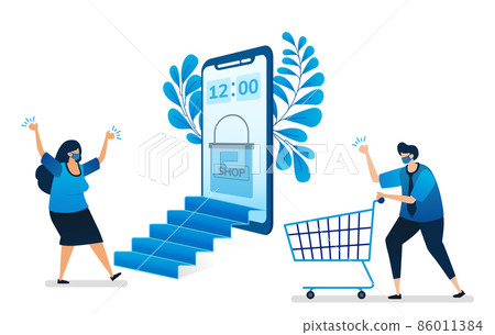 Vector illustration of online shopping with new normal health protocol with mobile apps, virtual mobile store. Can be used for website, web, mobile apps, flyer, background, element, banner, template Vector illustration of online shopping with new normal health protocol with mobile apps, virtual mobile store. Can be used for website, web, mobile apps, flyer, background, element, banner, template 86011384