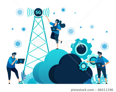 Vector illustration of 5g infrastructure and internet network connections for activities and work during covid-19 virus pandemic. Symbol of cloud, engine, hosting. Landing page, web, website, banner Vector illustration of 5g infrastructure and internet network connections for activities and work during covid-19 virus pandemic. Symbol of cloud, engine, hosting. Landing page, web, website, banner 86011396