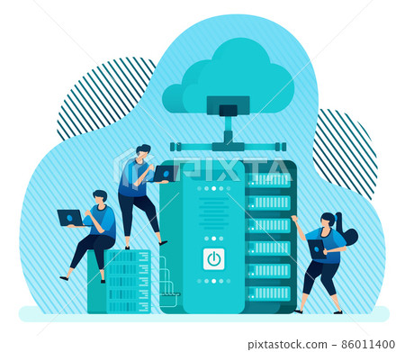 Vector illustration template for database management system for data storage, backup, hosting, server, cloud service provider. Design can be used for landing page, ui ux, web, website, banner, flyer 86011400