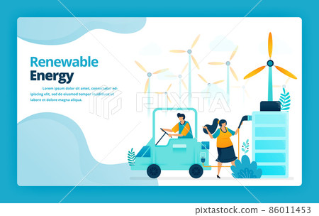 Vector illustration of landing page of electric car battery charging stations with green energy from wind power plants. Design for website, web, banner, mobile apps, poster, brochure, template Vector illustration of landing page of electric car battery charging stations with green energy from wind power plants. Design for website, web, banner, mobile apps, poster, brochure, template 86011453