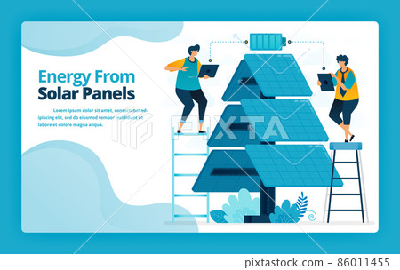 Vector illustration of landing page of alternative energy with solar panel electric distribution technology for battery charging. Design for website, banner, mobile apps, poster, brochure, template Vector illustration of landing page of alternative energy with solar panel electric distribution technology for battery charging. Design for website, banner, mobile apps, poster, brochure, template 86011455