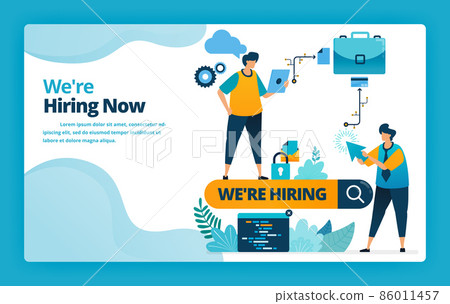 Vector illustration of landing page of hiring the best workers and employees with job promotions and ads in search engines. Design for website, web, banner, mobile apps, poster, brochure, template 86011457