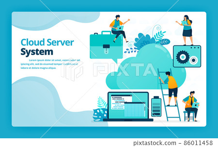 Vector illustration of landing page of cloud server system and hosting to organize, simplify and store work online. Design for website, web, banner, mobile apps, poster, brochure, template, ads Vector illustration of landing page of cloud server system and hosting to organize, simplify and store work online. Design for website, web, banner, mobile apps, poster, brochure, template, ads 86011458