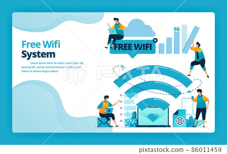 Vector illustration of landing page of free wifi system for a cheaper and more efficient internet connection. Design for website, web, banner, mobile apps, poster, brochure, template, ads, homepage Vector illustration of landing page of free wifi system for a cheaper and more efficient internet connection. Design for website, web, banner, mobile apps, poster, brochure, template, ads, homepage 86011459
